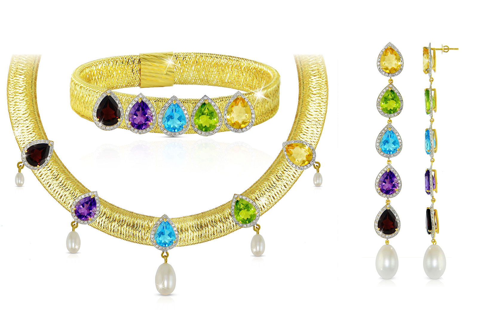 Vera Perla 18K  Gold 2.56Ct Genuine Diamonds and Multi-Gemstones with 7mm-13mm Pearls Jewelry Set, 3 pcs